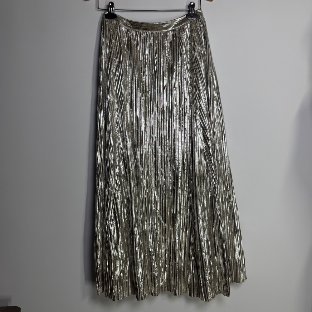 By Anthropologie Metallic Pleated Midi Skirt Silver XS OB2080543 Holiday Party - Picture 9 of 16